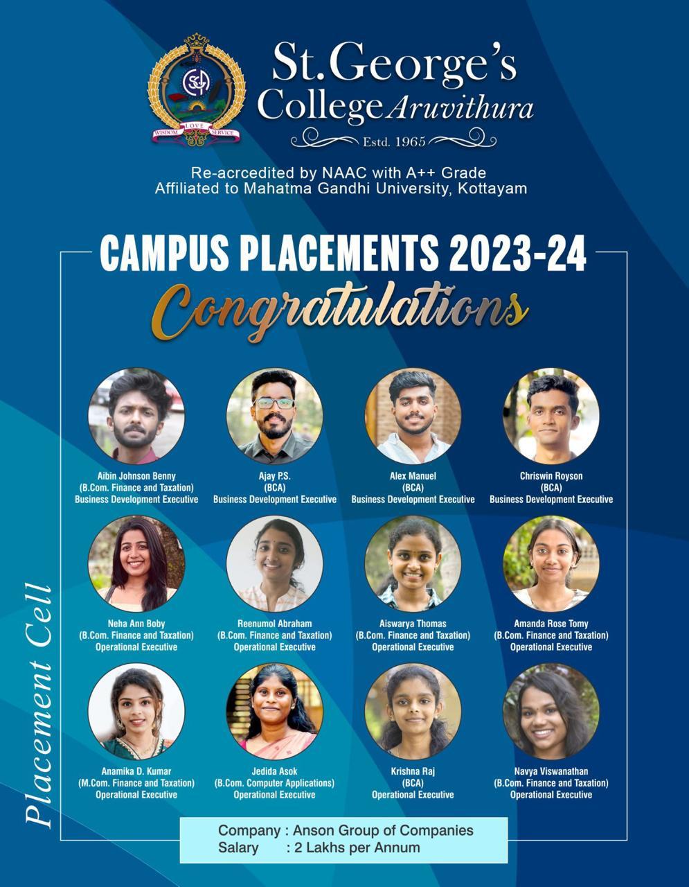 Placements 2023-24: Anson Group | St George's College, Aruvithura